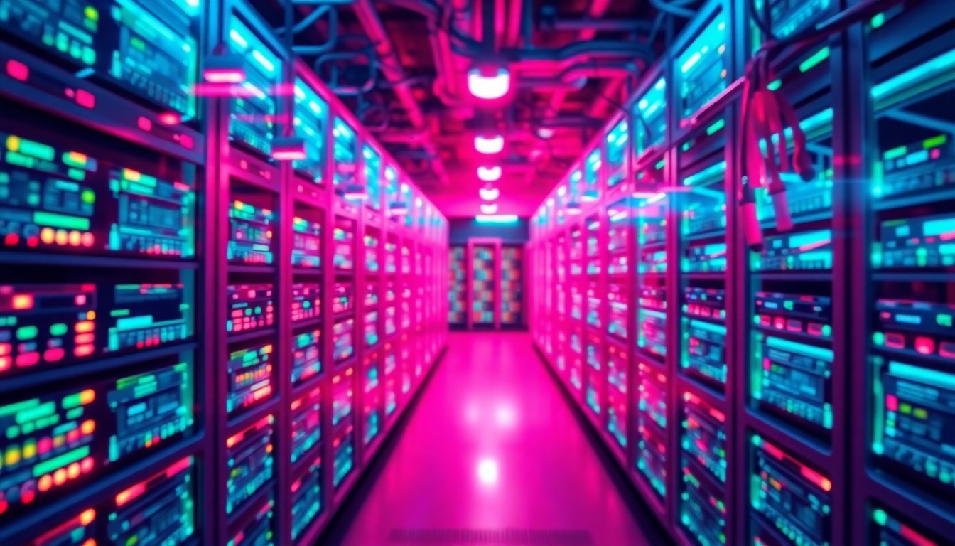 A highly detailed, glowing 3D illustration of a library's digital infrastructure, with servers, cables, and circuit boards illuminated by vibrant neon lights, conceptually representing the integration of technology and creativity in public libraries.