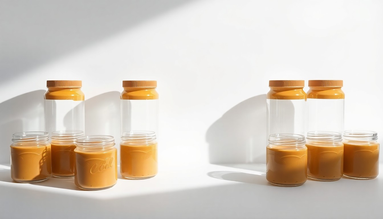 A high-end, photorealistic studio still-life photograph featuring a group of 12 glass jars filled with creamy peanut butter, arranged elegantly on a clean, white seamless background. The jars have a premium, luxurious appearance, and the dramatic lighting creates deep shadows that symbolize the abstract concepts of value, savings, and household essentials.