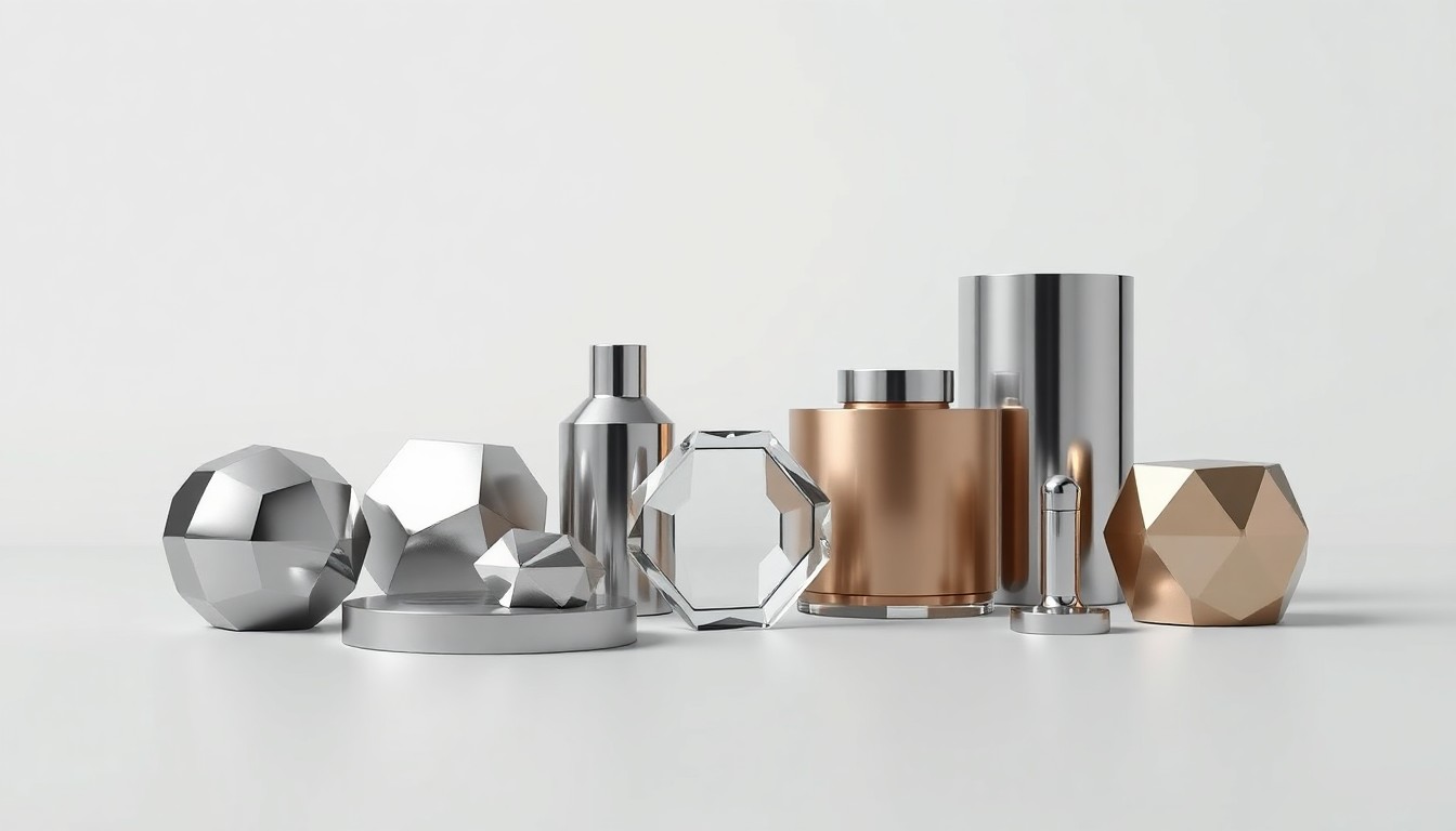 A photorealistic studio still life featuring a collection of polished, geometric metal and glass objects arranged elegantly on a clean, monochromatic background, symbolizing the integration of advanced technologies and human creativity that defines the Industry 5.0 market.