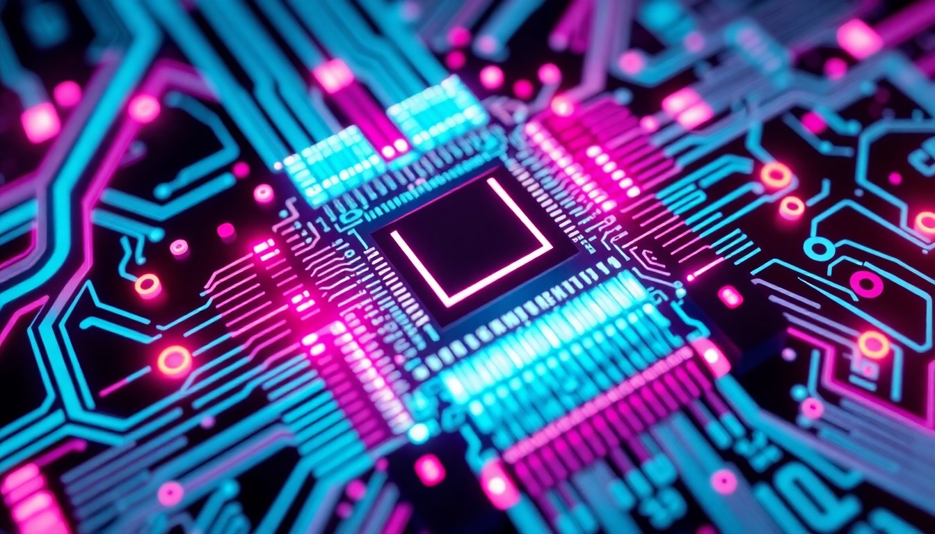A highly detailed, glowing 3D macro illustration of a futuristic MEMS chip or sensor device, with intricate circuitry and geometric patterns illuminated by neon cyan and magenta lights, conceptually representing advanced MEMS technology and innovation.