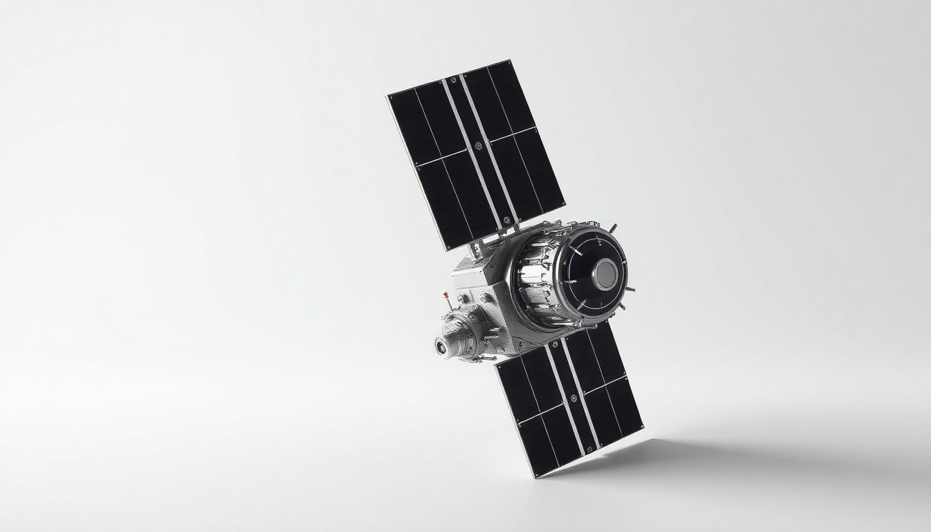 A highly detailed, photorealistic studio still-life photograph of a sleek, metallic satellite model against a clean, monochromatic background, conceptually representing the advanced technology and capabilities of the Vigoride 7 spacecraft.