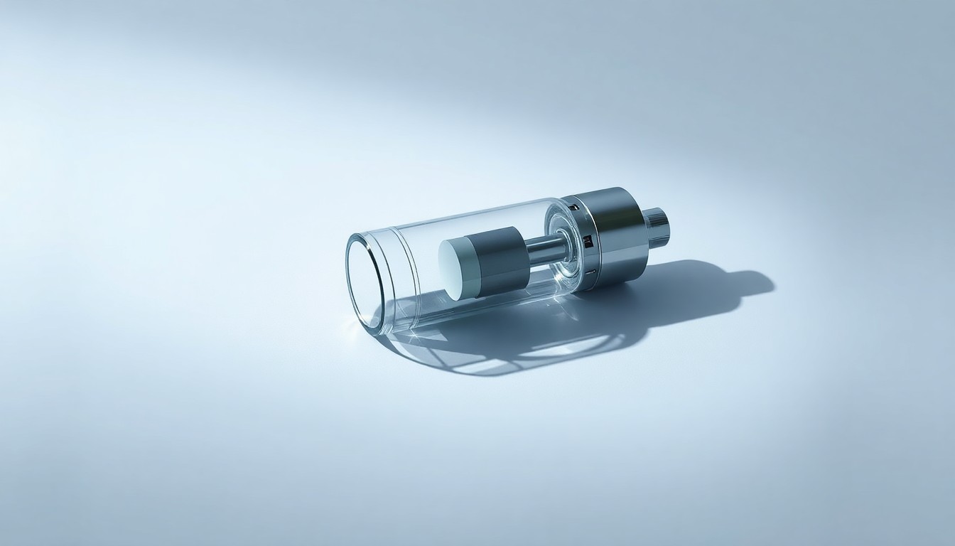 A photorealistic studio still-life image of a sleek, modern medical device or pharmaceutical product made from polished metal and glass, arranged elegantly on a clean, monochromatic background and dramatically lit to convey the advanced technology and precision of OSR Holdings' biomedical innovations.