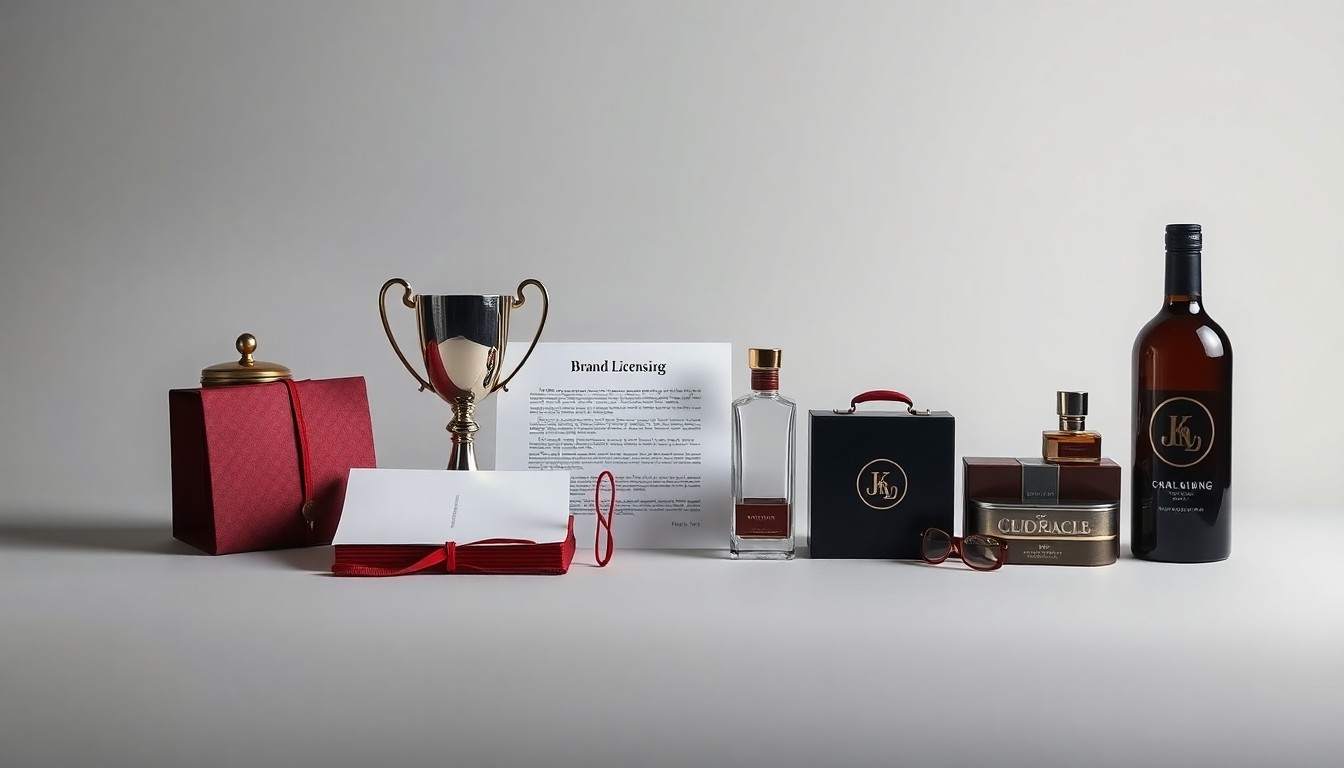 A high-end studio still life photograph featuring a collection of polished, premium objects arranged elegantly on a clean, monochromatic background, symbolizing the business of brand licensing in France.
