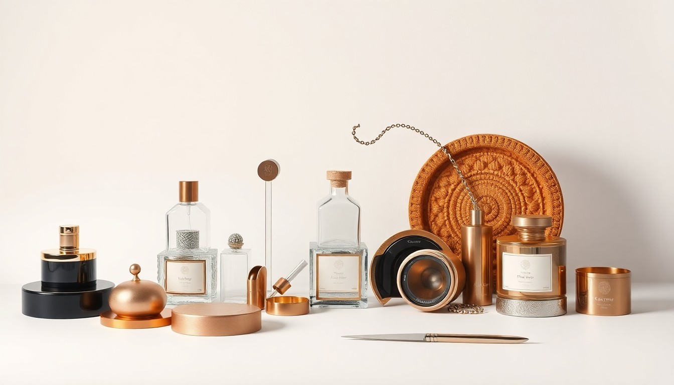 A photorealistic studio still life featuring a variety of polished, geometric objects arranged elegantly on a clean, white background, representing the abstract concepts of creativity, storytelling, and experiential marketing.