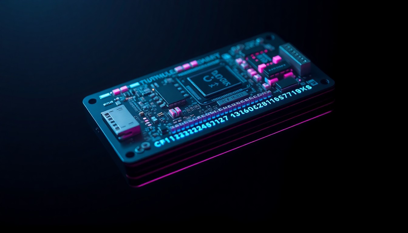 A highly detailed, glowing 3D macro illustration of a CFexpress memory card with neon cyan and magenta lights illuminating the intricate circuitry and connectors, symbolizing the scarcity and high demand for this essential photography and videography hardware.