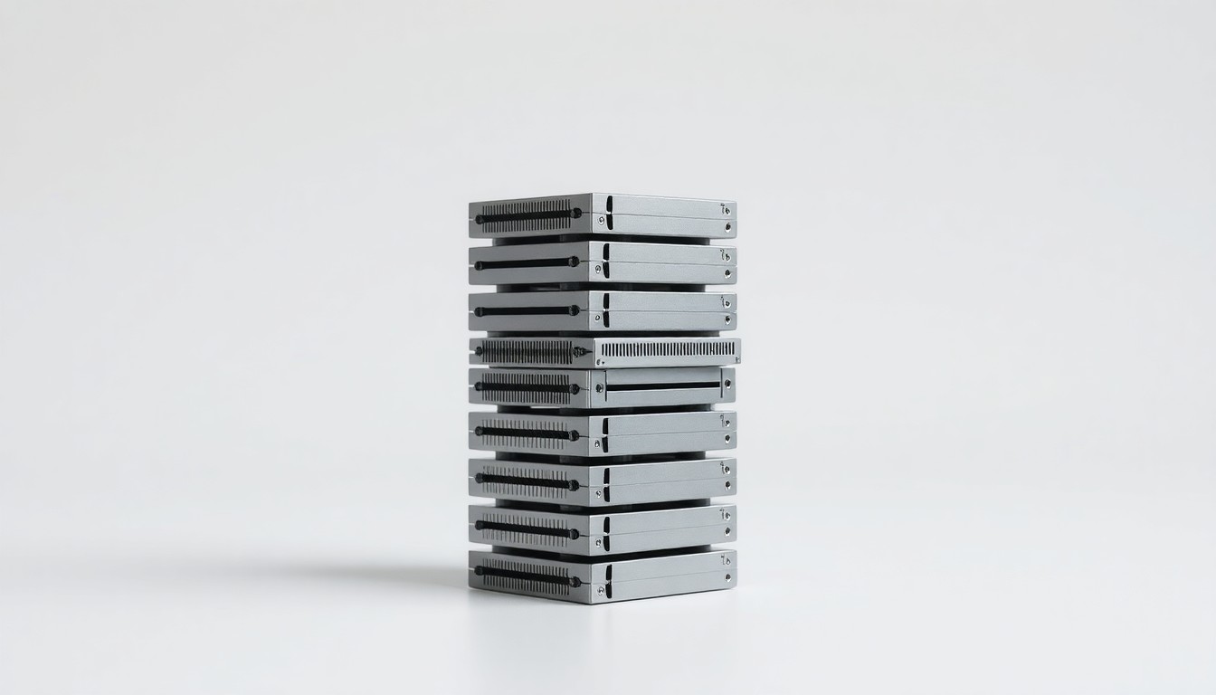 A minimalist studio still life photograph featuring a stack of polished metal cybersecurity hardware components arranged elegantly on a clean, monochromatic background, conceptually representing the abstract challenges facing the cybersecurity industry.