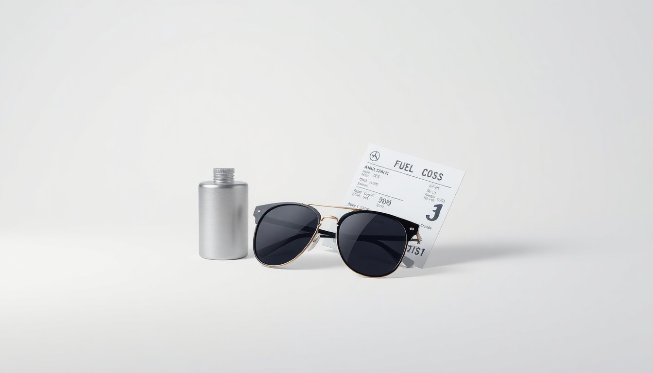 A minimalist studio still life featuring a metal fuel canister, aviator sunglasses, and a boarding pass, symbolizing the airline industry's financial challenges due to rising fuel costs.