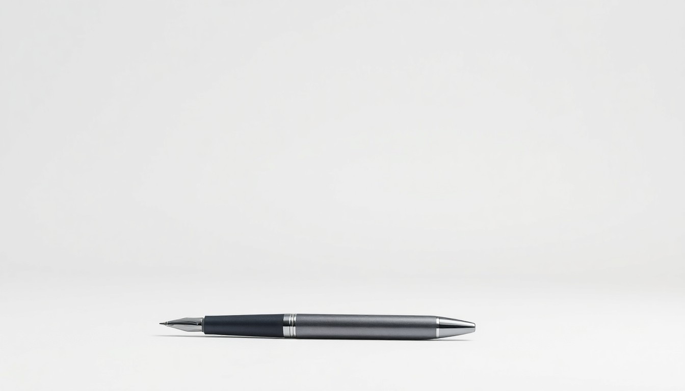 A photorealistic studio still-life image featuring a single, elegant pen resting on a clean, monochromatic background, conveying the importance of thoughtful communication in times of crisis.