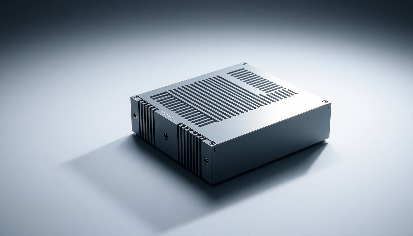 A photorealistic studio still-life image featuring a sleek, metallic power module component with clean geometric shapes and sharp shadows, conceptually representing the advanced power delivery technology developed by EPIC Microsystems.