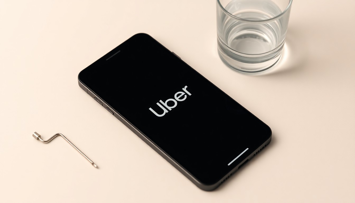 A photorealistic studio still life featuring a sleek smartphone with the Uber app open, surrounded by a few simple, premium objects like a metal paperclip and a glass of water, symbolizing the abstract concepts of technology, transportation, and the challenges facing Uber's business.