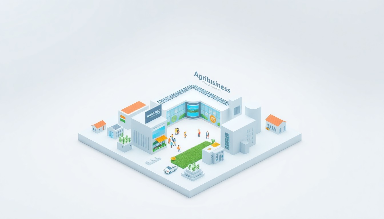An isometric 3D digital illustration depicting a miniature, stylized conference center surrounded by smaller buildings and elements representing the global crop input industry, conveying the collaborative and innovative nature of the Agribusiness Global Trade Summit.
