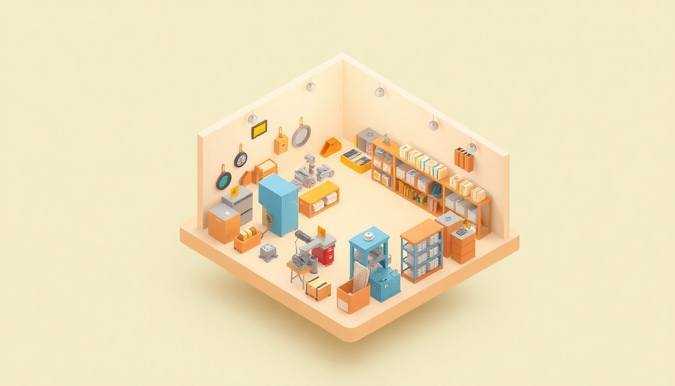 A stylized, isometric 3D digital illustration depicting a miniature, well-lit diorama of an online industrial supply store, featuring various metalworking tools, equipment, and shelves of products rendered in bold, pastel colors against a solid background, conceptually representing the new am-ind.com platform.