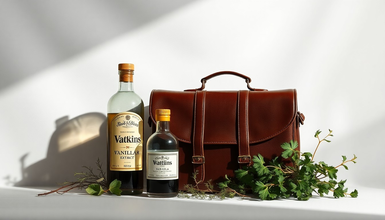 A photorealistic studio still life featuring a vintage leather satchel, a glass bottle of Watkins vanilla extract, and fresh herbs, symbolizing the evolution of the Watkins brand from its door-to-door sales roots to its current position as a premium consumer products company.