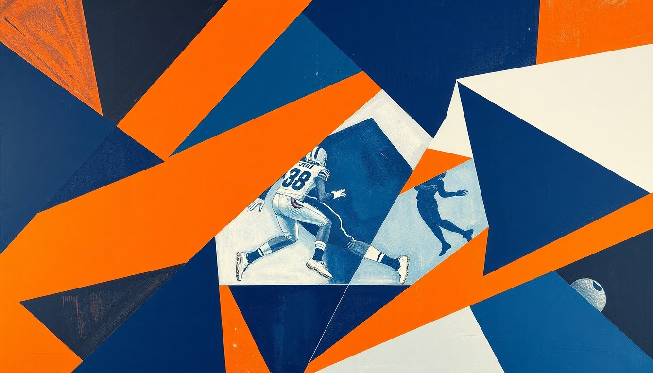 A cubist, geometric painting depicting a fragmented football field and players, using sharp angles and planes in navy, orange, and white to capture the dynamic energy of the game.