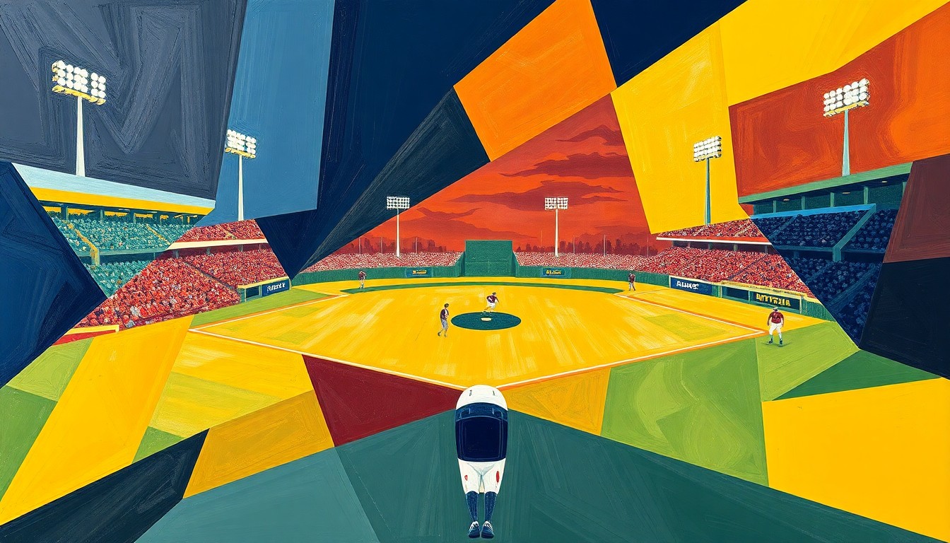 A fractured, multi-perspective painting depicting the action of a high school baseball game, with the players and field broken down into sharp, overlapping geometric shapes in the team colors of navy blue, gold, maroon, and white.