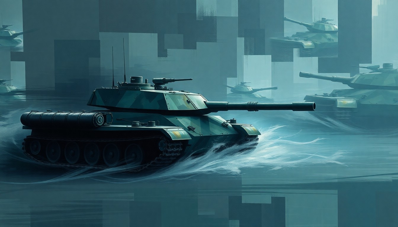 A surreal, fragmented painting of a military vehicle in motion, with overlapping geometric shapes and waves of dark colors, conceptually representing the hidden military project beneath the White House.