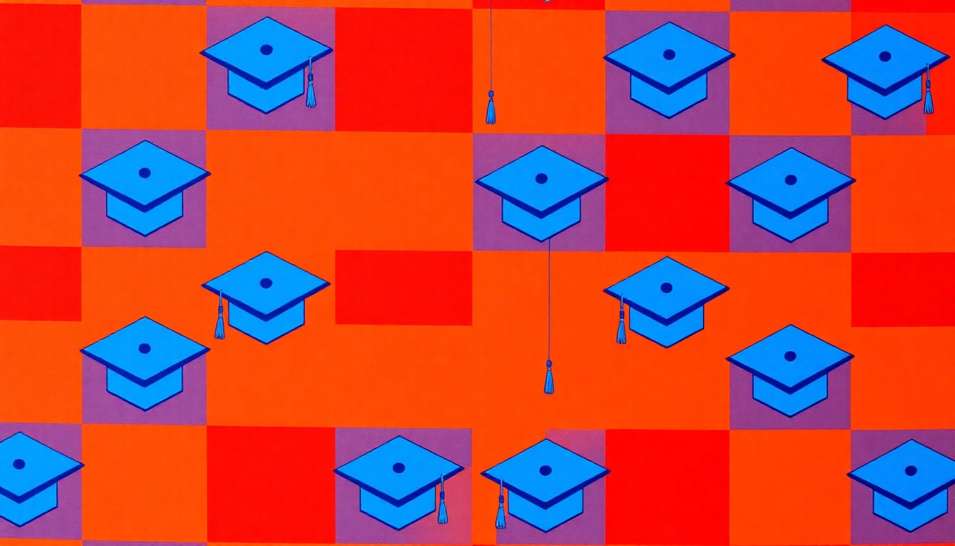 A vibrant, pop art-inspired grid of stylized graduation cap icons in shades of blue, green, and orange, conceptually representing the education system's role in preparing students for the future.