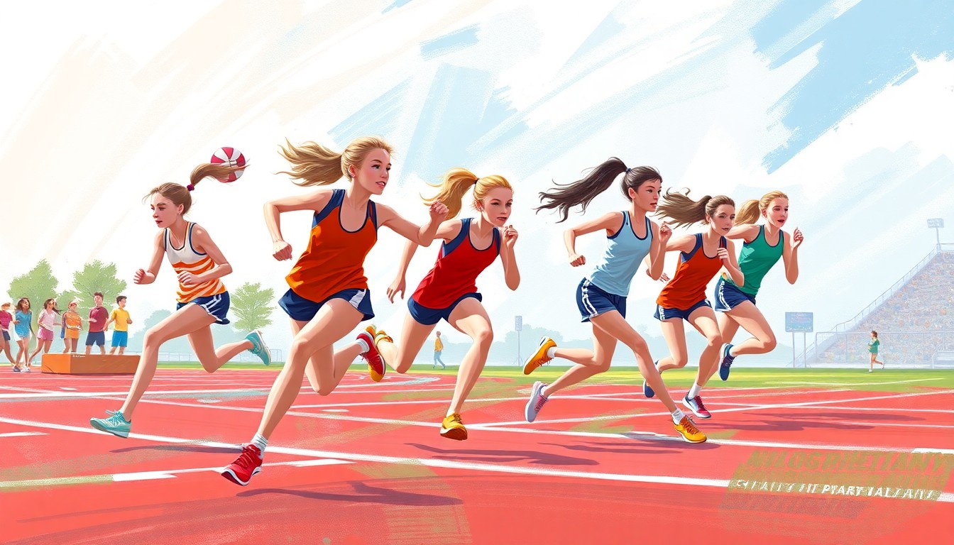A dynamic, abstract painting in vibrant colors depicting the motion and energy of a high school track and field relay race.