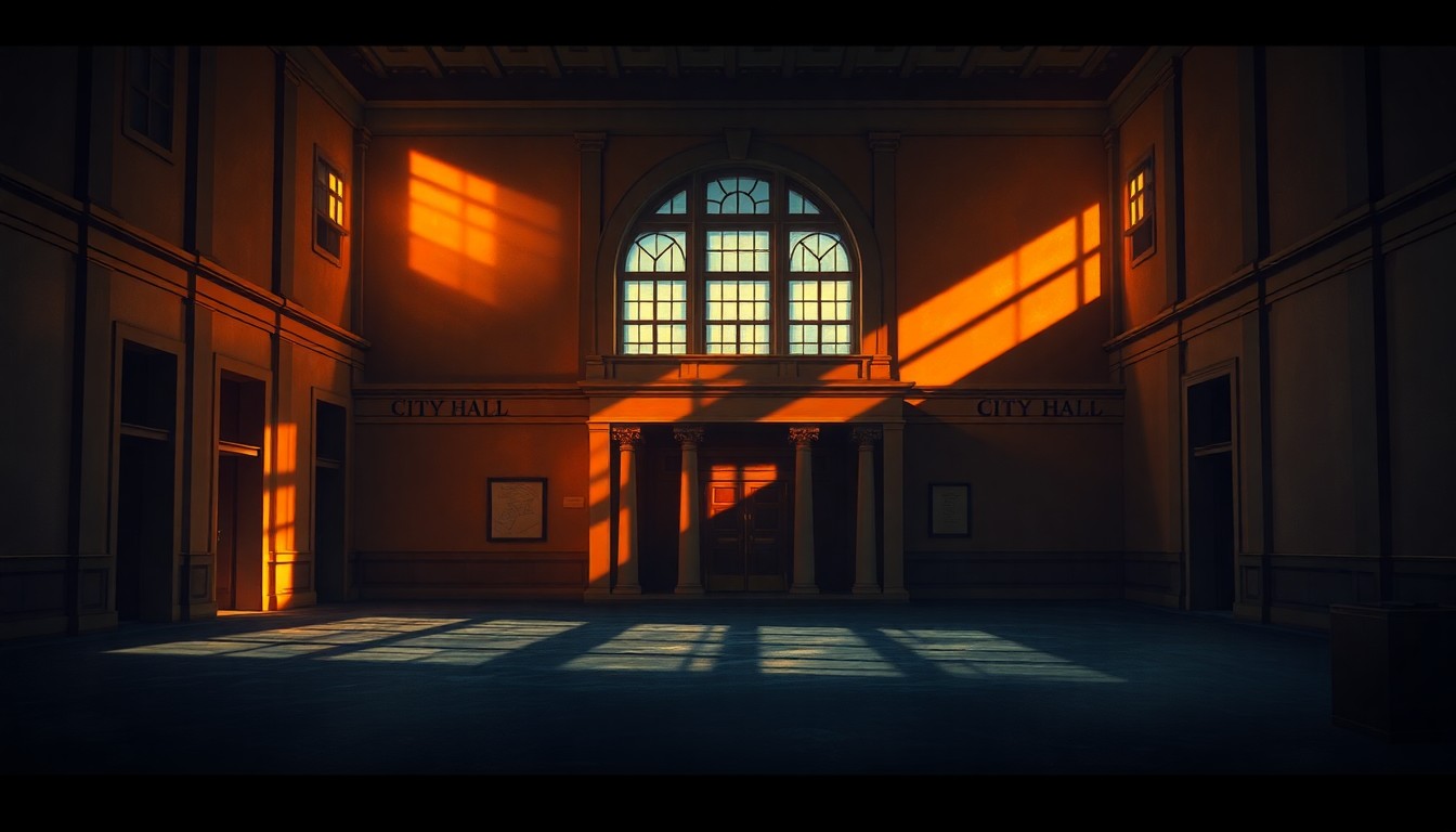 A photorealistic painting of an empty government building with warm sunlight streaming through the windows, casting deep shadows across the facade, conveying a sense of solitude and transition.