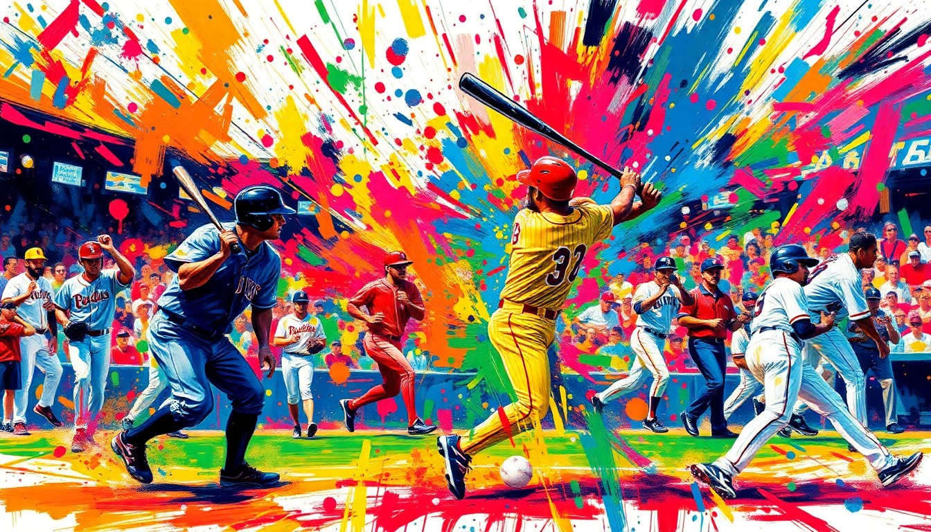 An abstract, energetic painting in neon colors depicting the movement and action of a baseball game, with players' forms blending into the vibrant brushstrokes.