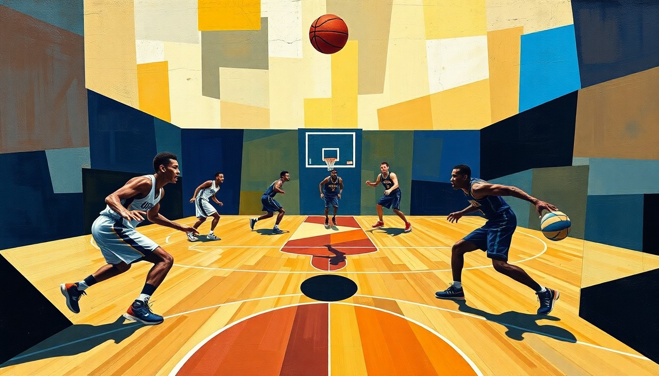 A fragmented, geometric painting depicting the intense physicality of a basketball game, with players' bodies and the court reduced to abstract shapes and planes of color.