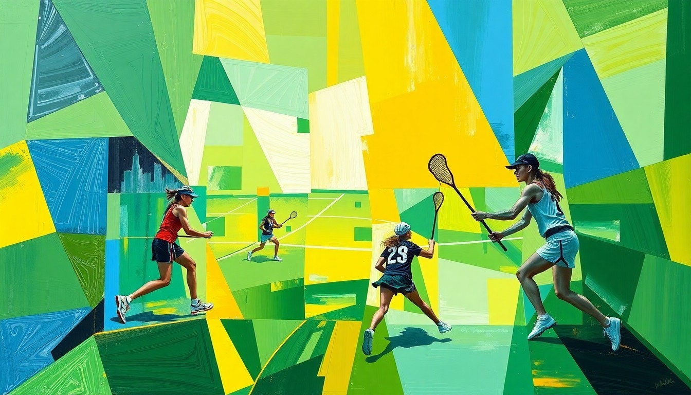 A fragmented, geometric painting in bright colors depicting the dynamic movements and competitive spirit of a girls lacrosse game.