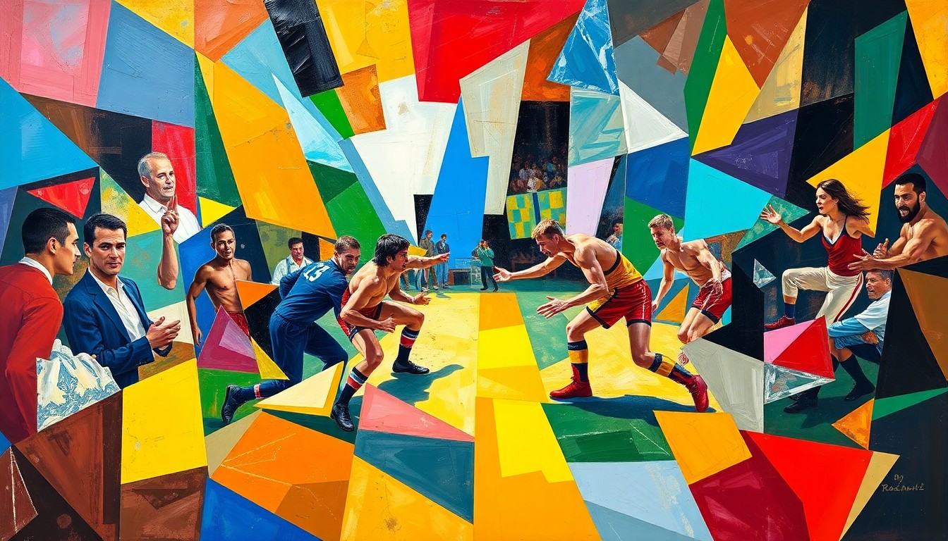 A fractured, geometric painting depicting a wrestling match or competition, with sharp, overlapping planes of color representing the energy and intensity of the sport.