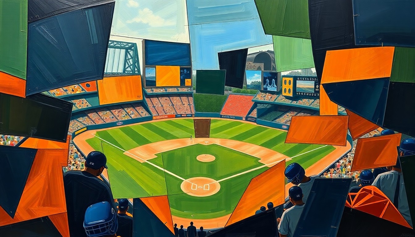 A cubist, geometric painting depicting a baseball game or match broken down into sharp, overlapping planes of navy blue, forest green, and burnt orange, conveying the dynamic energy and competitive spirit of Ohio's MLB teams to start the new season.