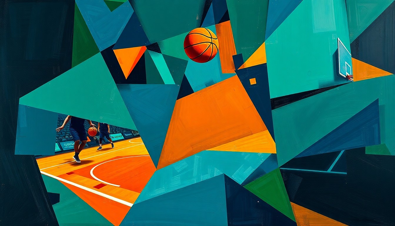A fragmented, cubist-style painting depicting a basketball game, with the players and court broken down into sharp, overlapping geometric shapes in a palette of navy, green, and orange, conveying the disruption caused by a key player's transfer.