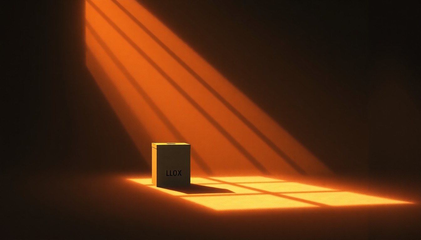 A dimly lit, cinematic painting of a lone ballot box sitting on a table, its edges softly illuminated by warm, angled sunlight streaming through a window. The scene conveys a sense of political tension and the fragility of democratic processes.