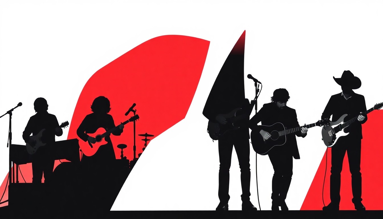 A bold, abstract illustration featuring stark geometric shapes and silhouettes in high-contrast colors, representing the variety of musical acts and performances happening in Charlottesville.