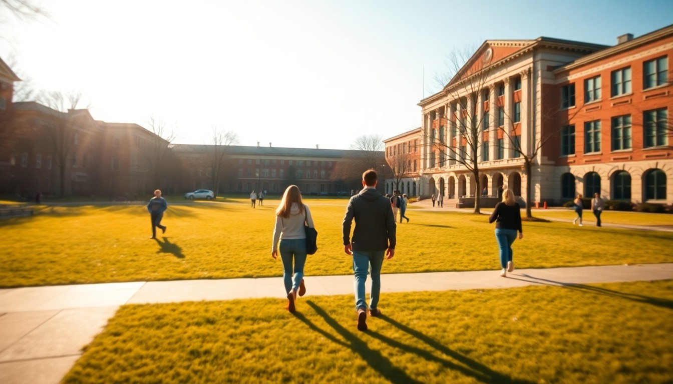 An abstract, impressionistic photograph of a university campus on a sunny day, with students walking through pools of warm, golden light and blurred architectural details in the background, conveying a sense of energy and optimism.