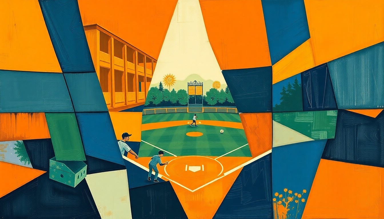 A cubist, geometric painting depicting a high school sports game, with overlapping planes of navy, green, and orange representing the dynamic action on the field.