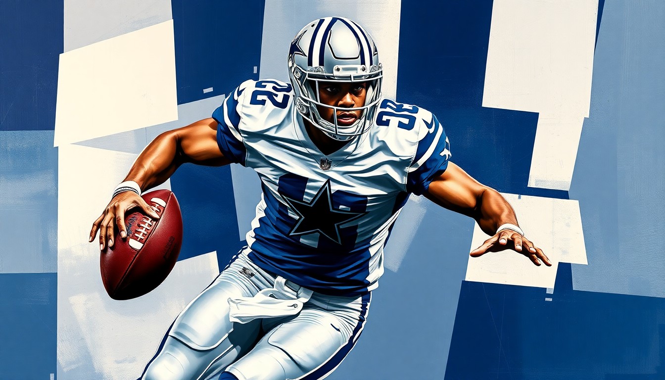 A fragmented, geometric painting depicting the aggressive movements of a football player in a pass rushing stance, with sharp planes of navy blue, silver, and white representing the Dallas Cowboys.