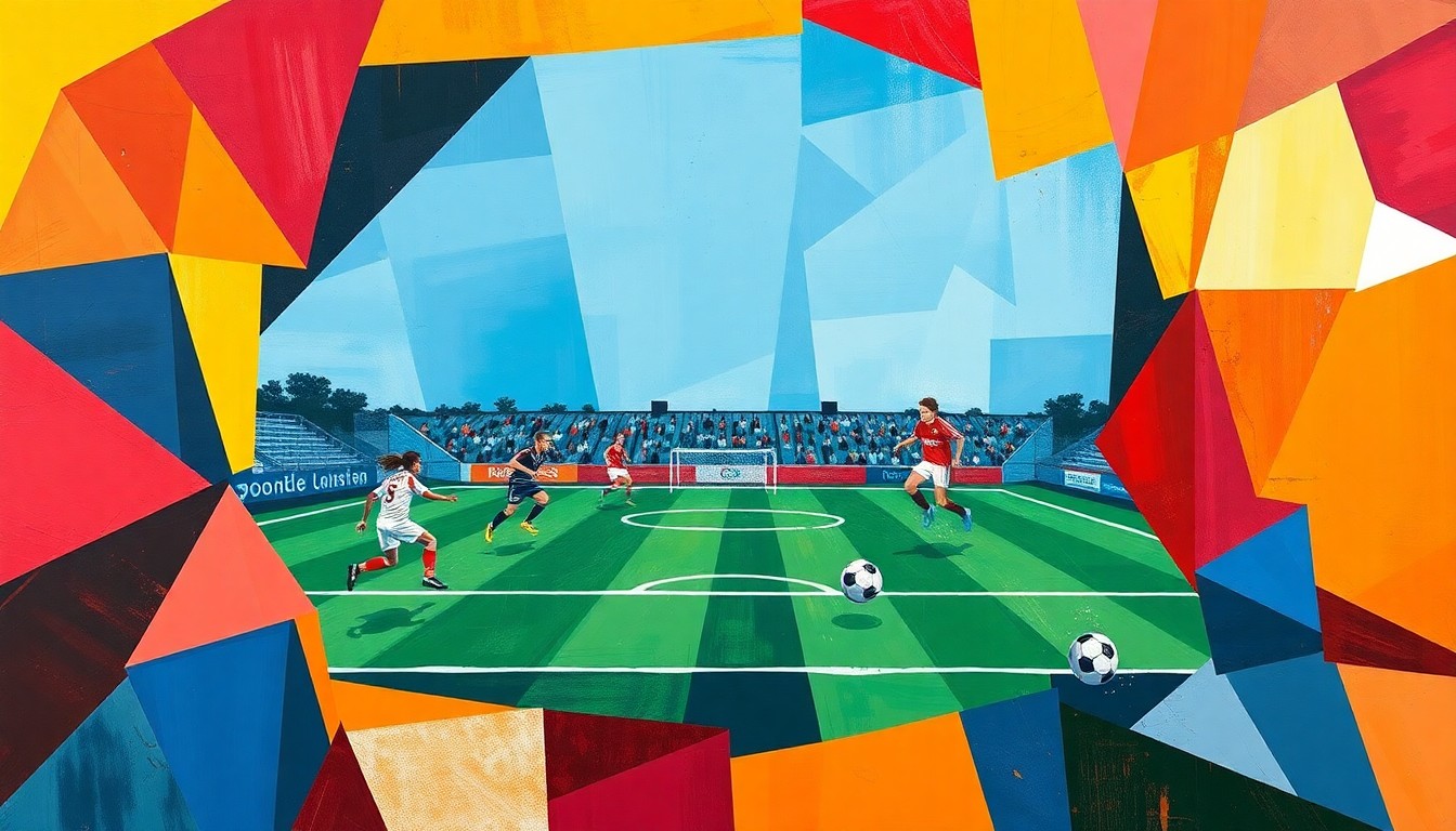 A fractured, cubist-style painting depicting the dynamic action of a high school soccer match, with the players and field rendered in sharp, overlapping geometric shapes in the team colors of Marble Falls and Davenport.