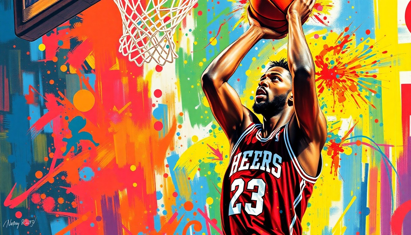 An extreme close-up of a basketball player's hands gripping a ball, surrounded by a vibrant, expressionist painting of neon colors and rapid brushstrokes capturing the raw energy and movement of the game.