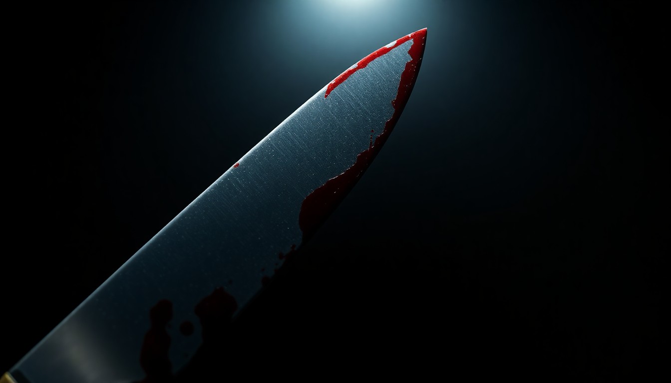 An extreme close-up of a bloodied knife blade, the harsh flash illuminating the sharp edges and dark, gritty texture of the metal against a pitch-black backdrop, conceptually representing the violence of the stabbing incident.