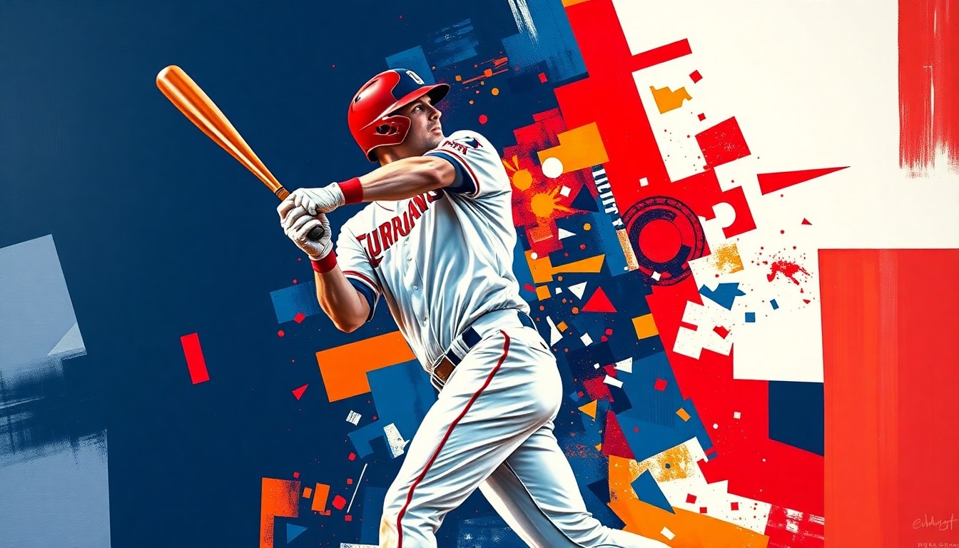 A fractured, geometric painting depicting the dynamic motion of a baseball player's swing, hitting, and celebration, rendered in the cubist style with the Guardians' team colors.