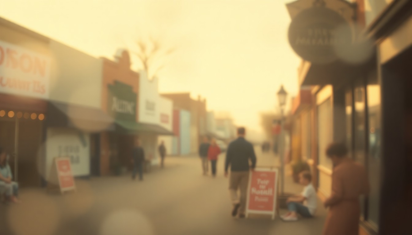 A soft, impressionistic photograph depicting the blurred outlines of a small-town main street, with muted colors and overlapping shapes of light and shadow, conveying a sense of nostalgia and the passage of time.