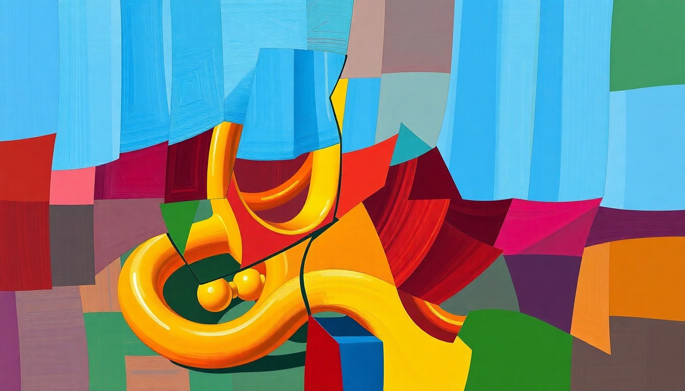 A vibrant, fractured painting of a child's swing set or jungle gym, repeated in overlapping geometric shapes and waves of bold red, blue, and yellow, conveying the trauma and disruption experienced by children in immigration detention centers.