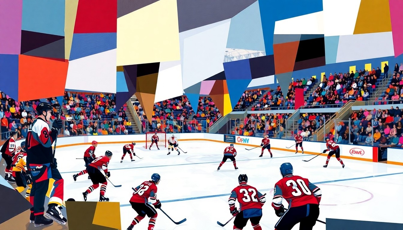 A fractured, cubist-style painting depicting the action and energy of a high school hockey game, with the players and rink broken down into overlapping geometric shapes and planes of vibrant color.