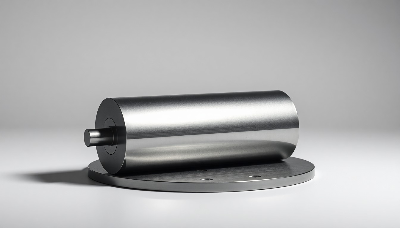 A close-up, high-contrast photograph of a polished, metallic printing press cylinder or printing plate, placed on a clean, monochromatic background, conveying the idea of a publishing pioneer's lasting impact on a growing city.