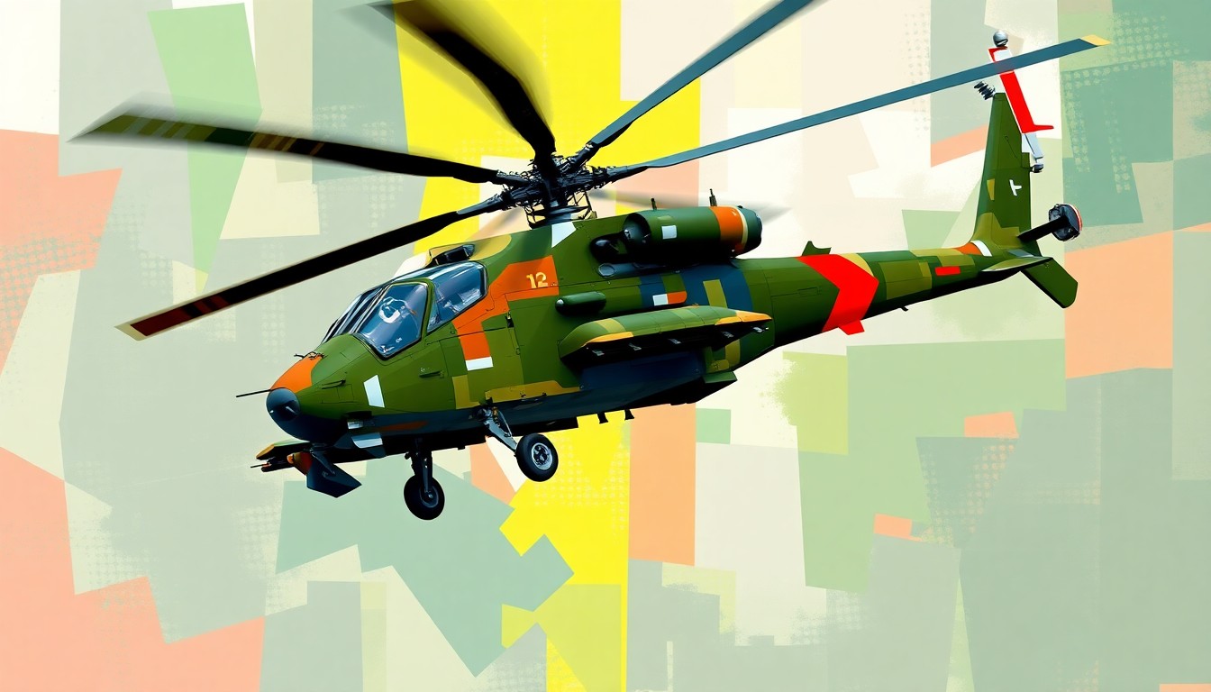 A dynamic, abstract painting of an Apache helicopter in flight, with overlapping, fractured geometric shapes in shades of green, gray, and red, conveying a sense of speed and motion.