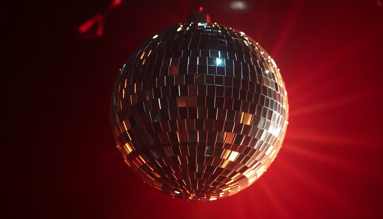 An extreme close-up photograph of a glittering disco ball, reflecting shards of light in a dramatic high-contrast studio setting, conceptually representing the energy and glamour of the rave scene.