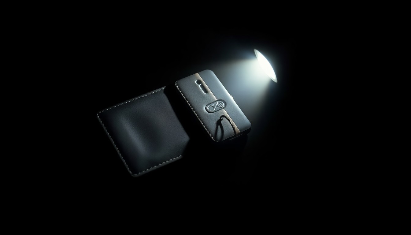 An extreme close-up photograph of a personal item, such as a wallet or car keys, lit by a harsh, direct camera flash against a pitch-black background, creating a stark, gritty, investigative aesthetic.