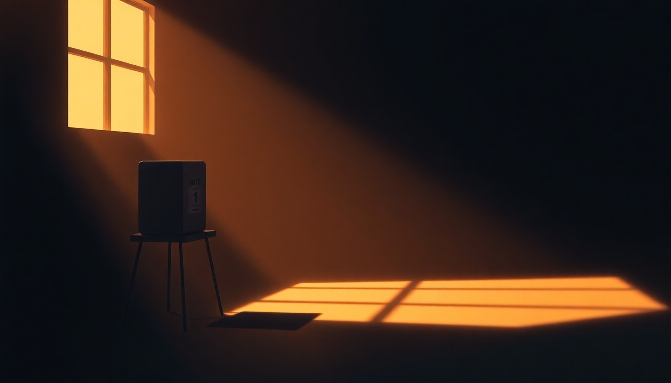 A photorealistic painting of a lone voting booth or ballot box in a dimly lit room, with warm sunlight streaming in through a window and creating deep shadows across the scene, conveying a sense of solemnity and civic responsibility.