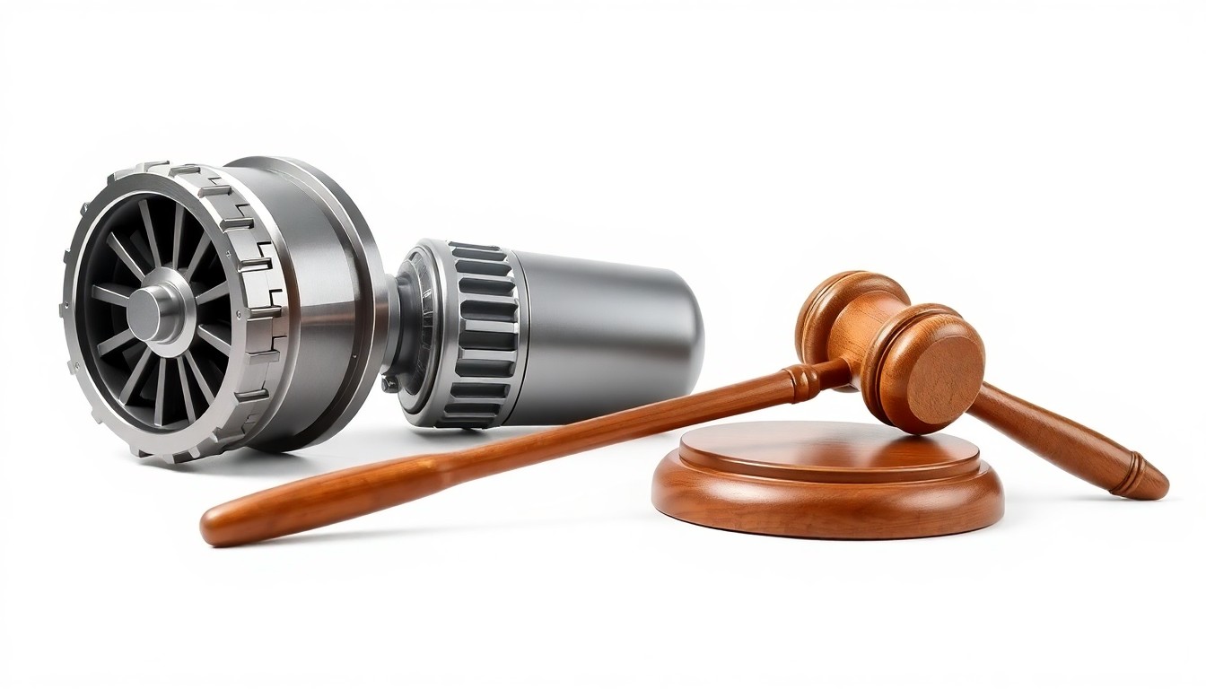 A photorealistic studio still-life featuring a polished metal gear, a sleek aircraft engine component, and a smooth wooden gavel, conceptually representing Textron's industrial and aerospace businesses.