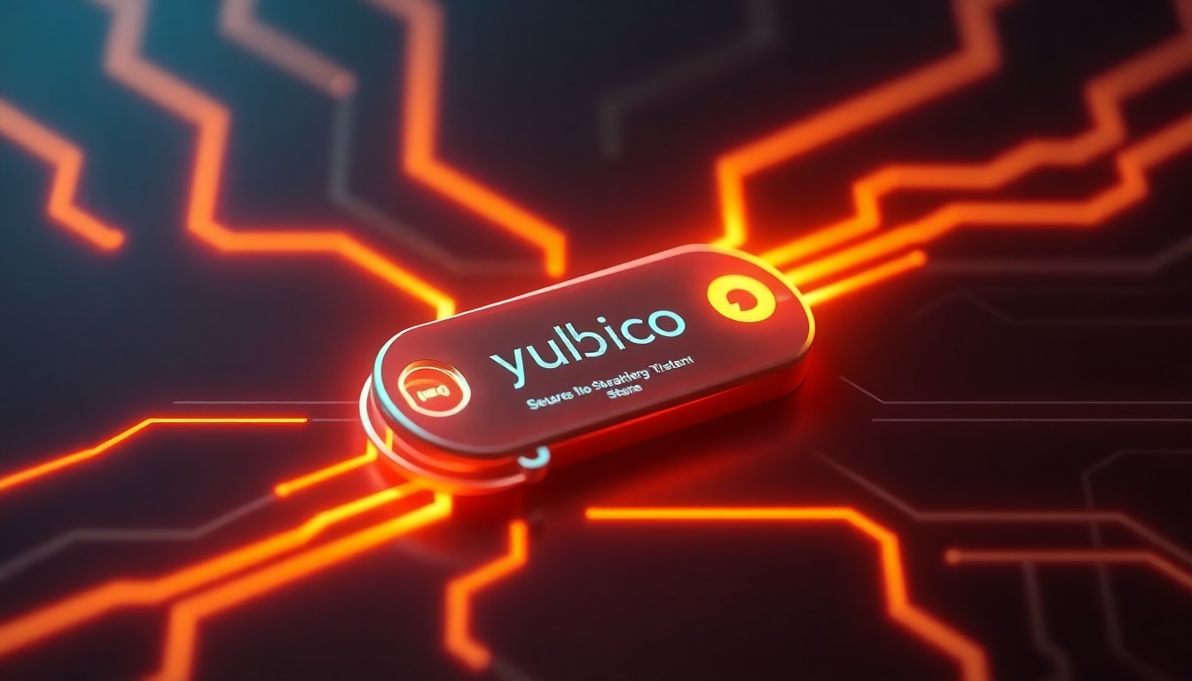 A glowing, neon-lit 3D illustration of a Yubico security key, with pulsing lines of light representing secure data transmission and authentication, set against a dark, high-tech backdrop with subtle circuit board patterns.