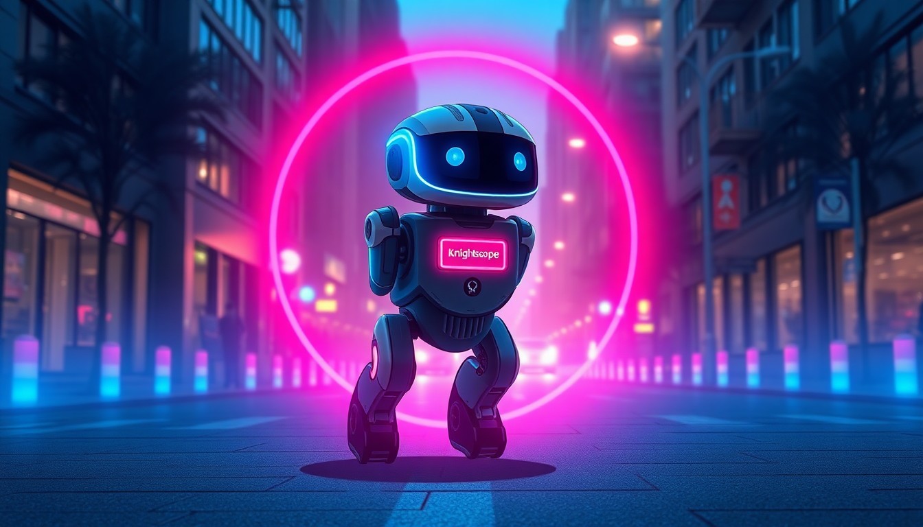 A glowing, cyberpunk-inspired illustration of a Knightscope security robot patrolling a city street at night, its sensors and lights illuminating the scene with a futuristic, high-tech aesthetic.
