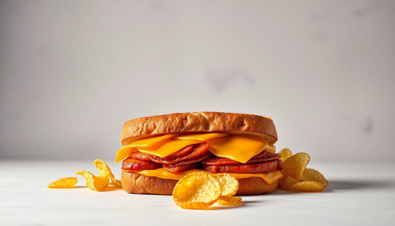 A close-up photograph of a freshly toasted sandwich with melted cheese, crisp bread, and a side of potato chips, all arranged elegantly on a clean, monochromatic background, conveying the premium quality and craftsmanship of Papa Johns' new sandwich offerings.